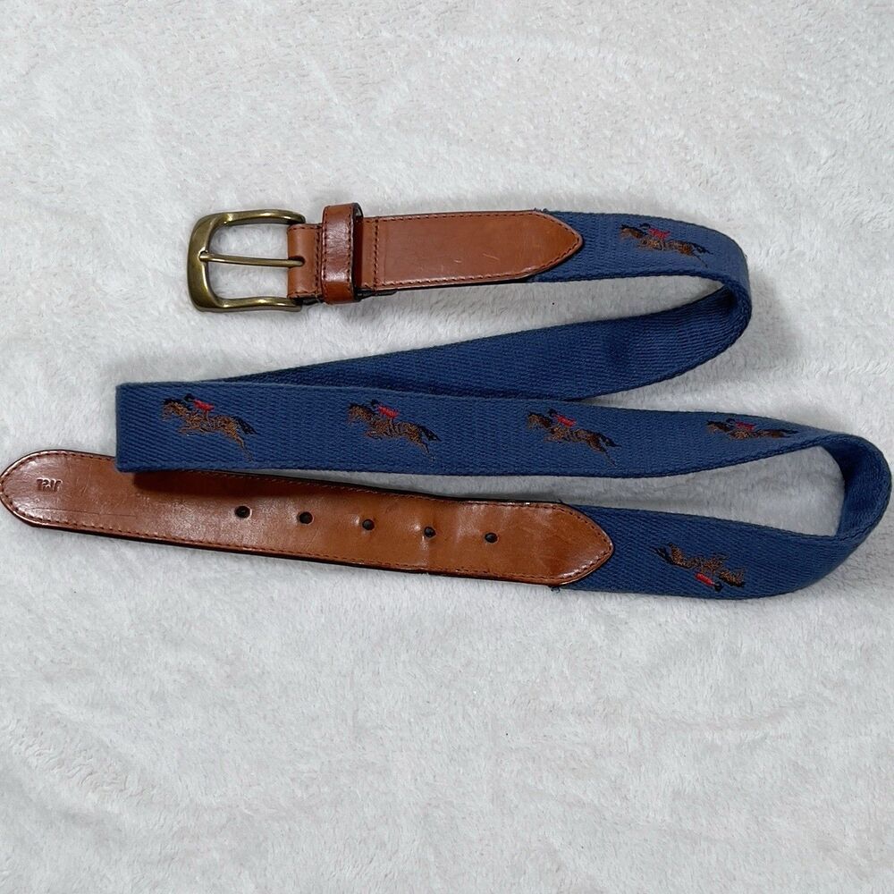 J.Mclaughlin Equestrian Horse Embroidered Fabric Leather Belt Mens Sz 42 Blue‎